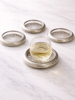 Vintage 1950d Made in Italy Silver & Glass Coaster Set of 6 Art Deco Starburst